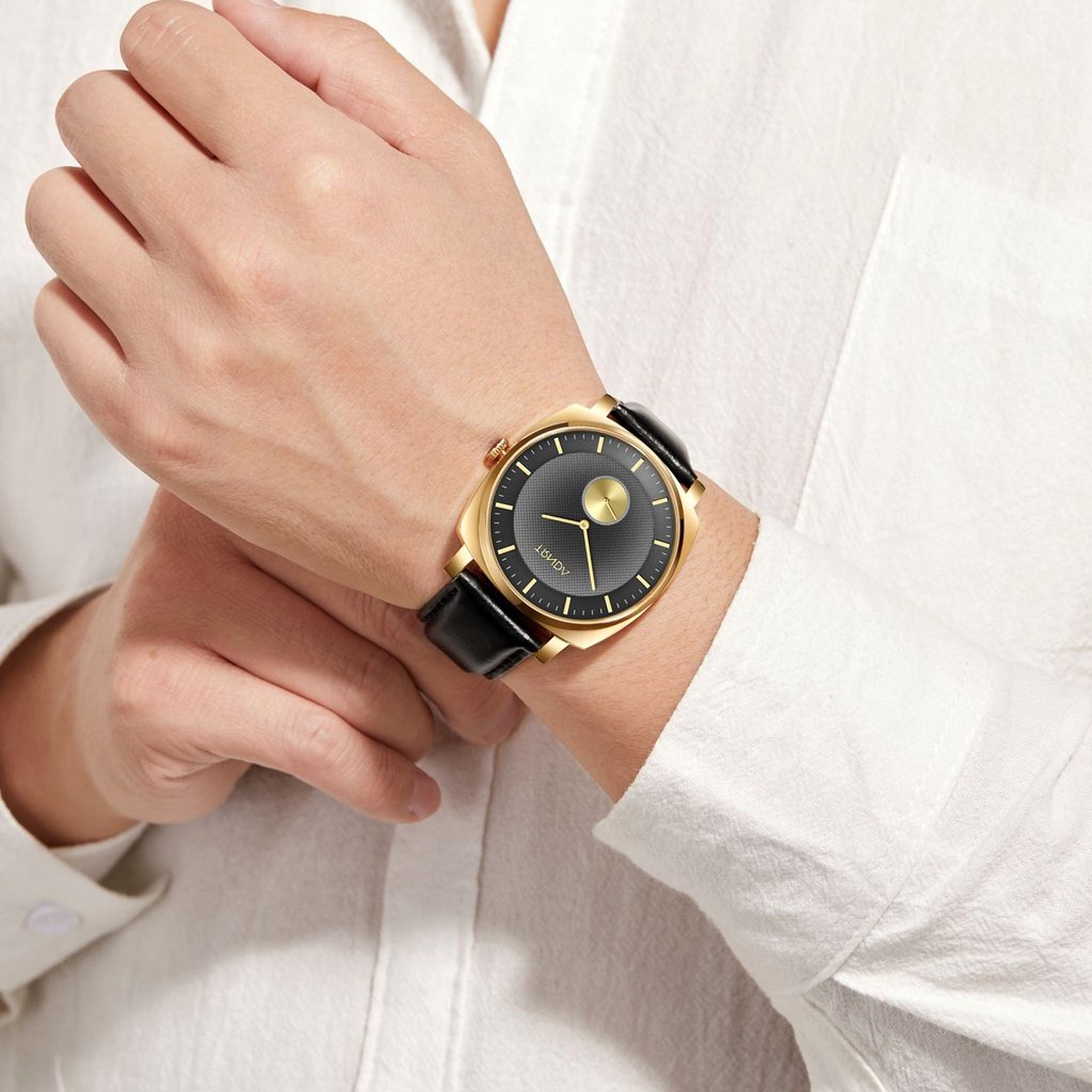 Trnda Men's Gold Stainless Steel Watch, Black Leather Band | Trn-Ss45