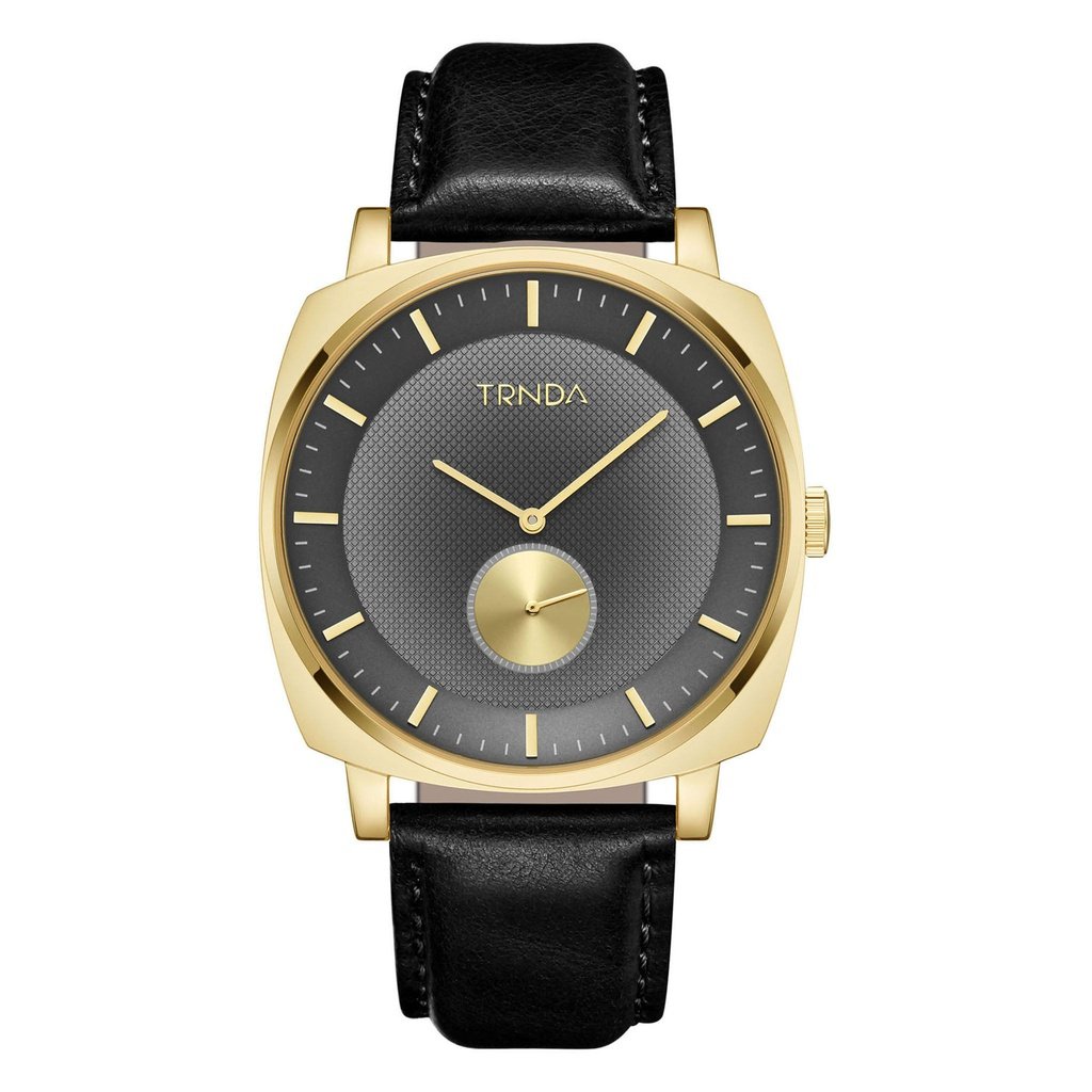 Trnda Men's Gold Stainless Steel Watch, Black Leather Band | Trn-Ss45