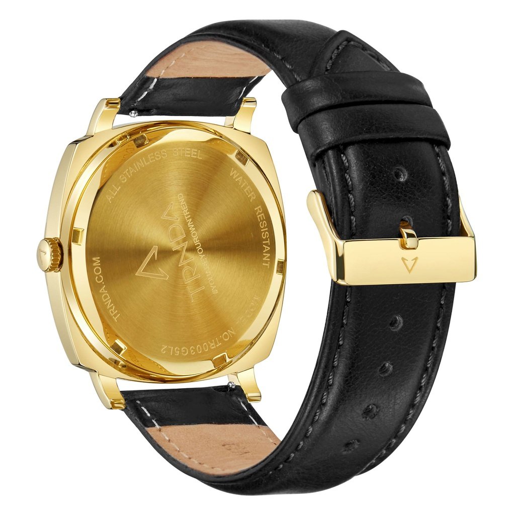 Trnda Men's Gold Stainless Steel Watch, Black Leather Band | Trn-Ss45