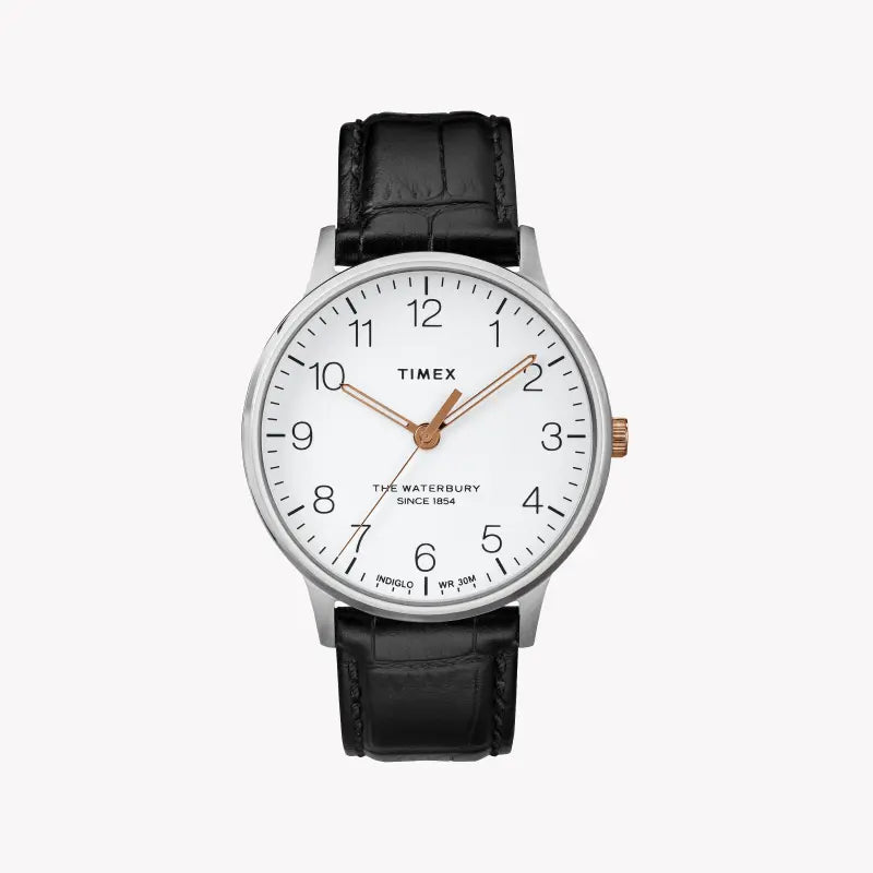 Timex Men's Black Leather Watch, White Dial | Tw2r71300
