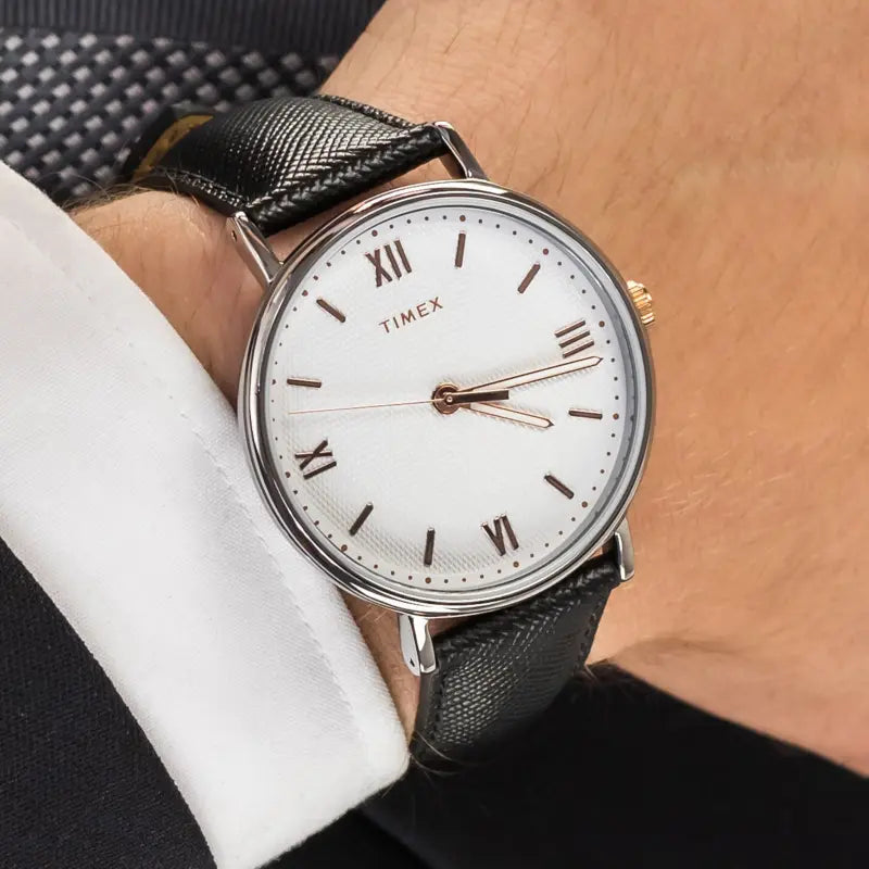 Timex Men's Brass Watch, White Dial, Black Leather Strap | Tw2t34700