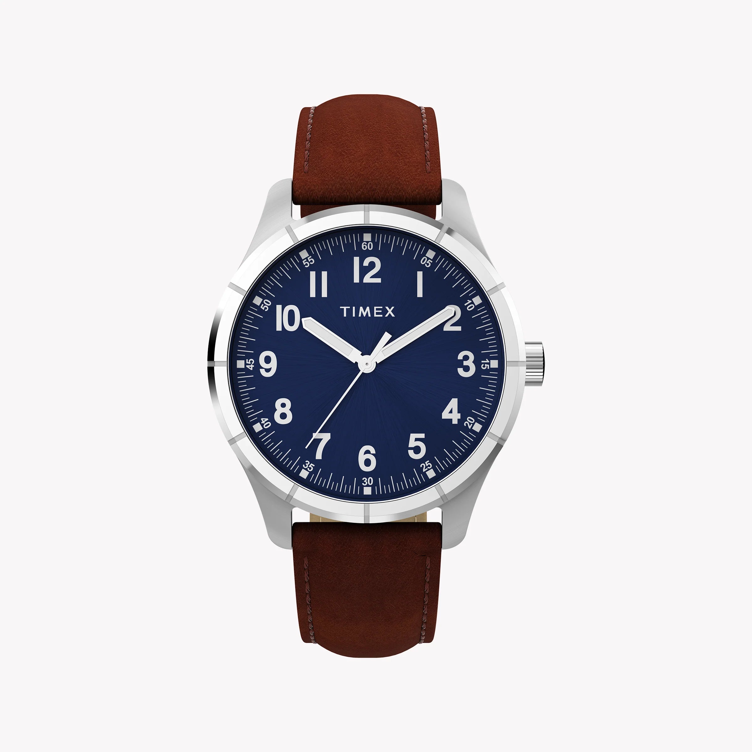 Mens Main Street Silver Tone Case Brown Strap Blue Dial Watch | TW2Y16200